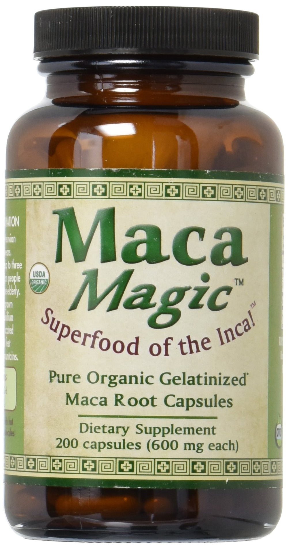 Maca Magic Organic capsules bottle front view for daily energy support.