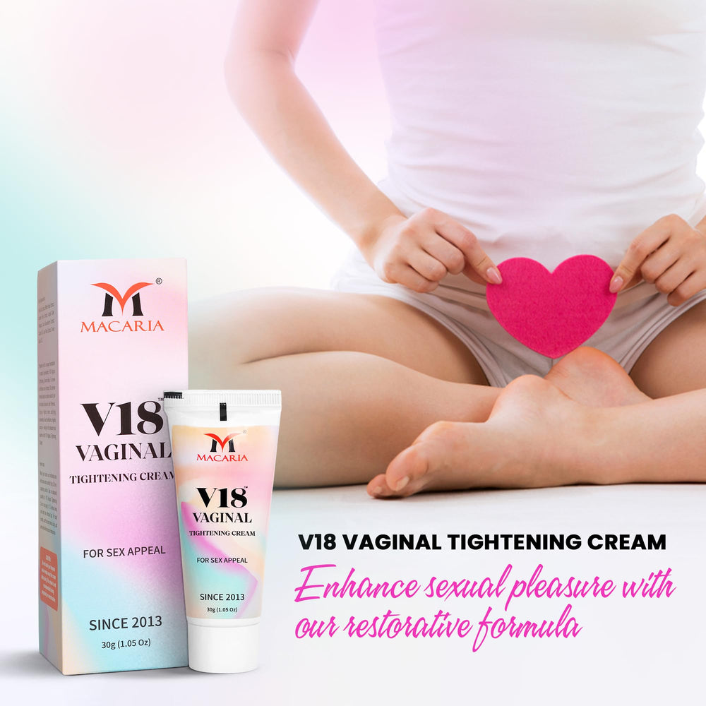 MACARIA V18 bottle emphasizes pH-balanced formula for comfort and balance.