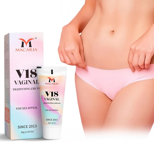 MACARIA V18 tightening cream jar showing rich texture for quick, discreet tightening at home.