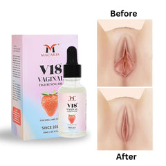 MACARIA V18 Tightening Oil hands holding tube suggests discreet use and control.