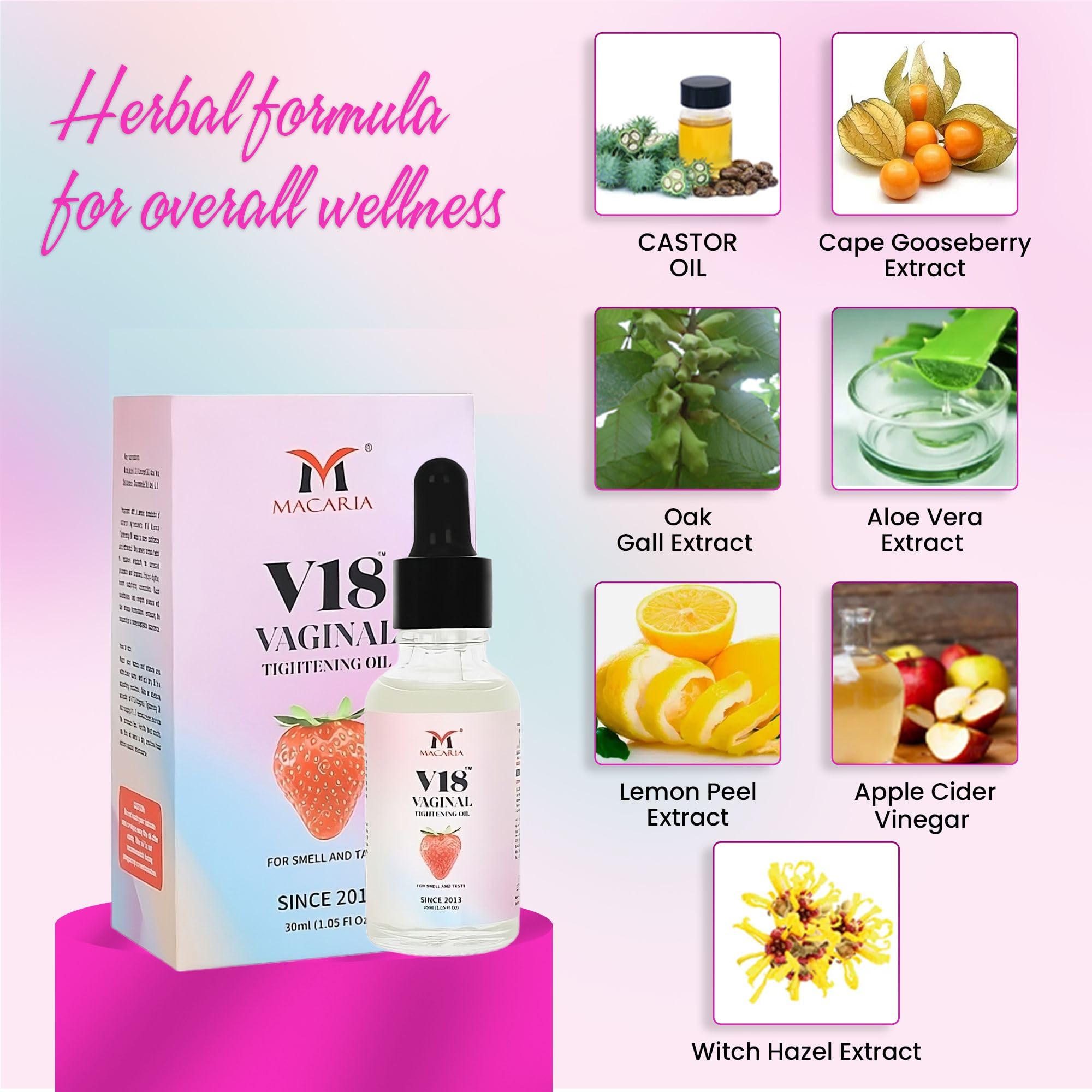 MACARIA V18 Tightening Oil strawberry-scented formula enhances intimate care routine.
