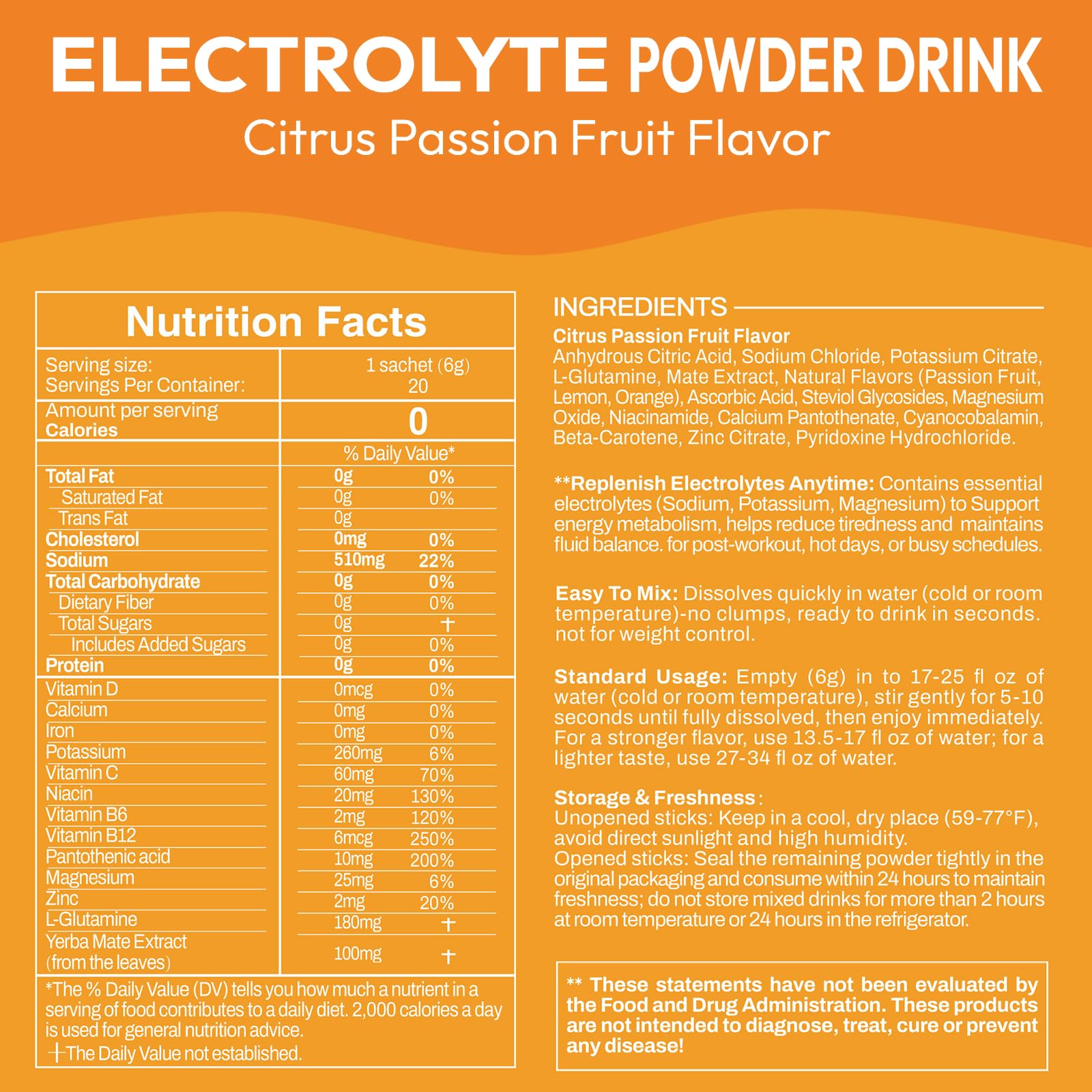 Macmony electrolyte packets Citrus Passion back label detailing ingredients for mindful hydration.