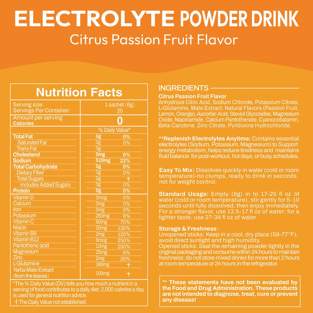 Macmony electrolyte packets Citrus Passion back label detailing ingredients for mindful hydration.
