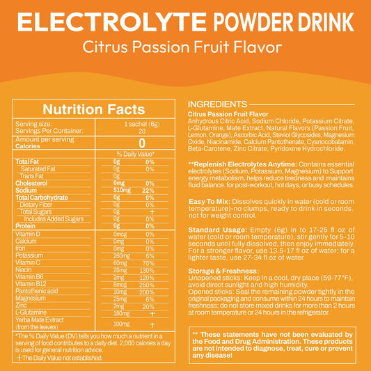 Macmony electrolyte packets Citrus Passion back label detailing ingredients for mindful hydration.