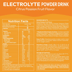 Macmony electrolyte packets Citrus Passion back label detailing ingredients for mindful hydration.