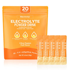 Macmony electrolyte packets Citrus Passion front view for quick hydration during workouts.