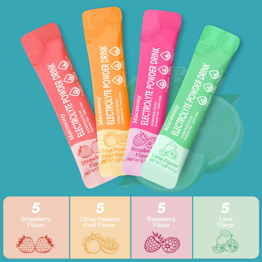 Macmony electrolyte packets with glass of water emphasizing yerba mate boost and refreshing taste