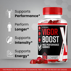 Macondo Vigor Boost X Gummies bottle back label with ingredient highlights.