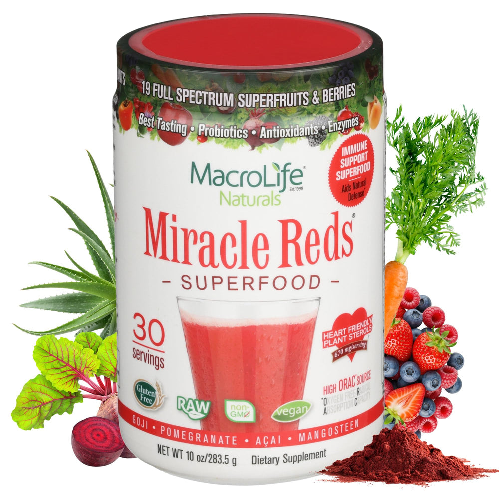 MacroLife Naturals Miracle Reds bottle pouring for daily vitality and flavor