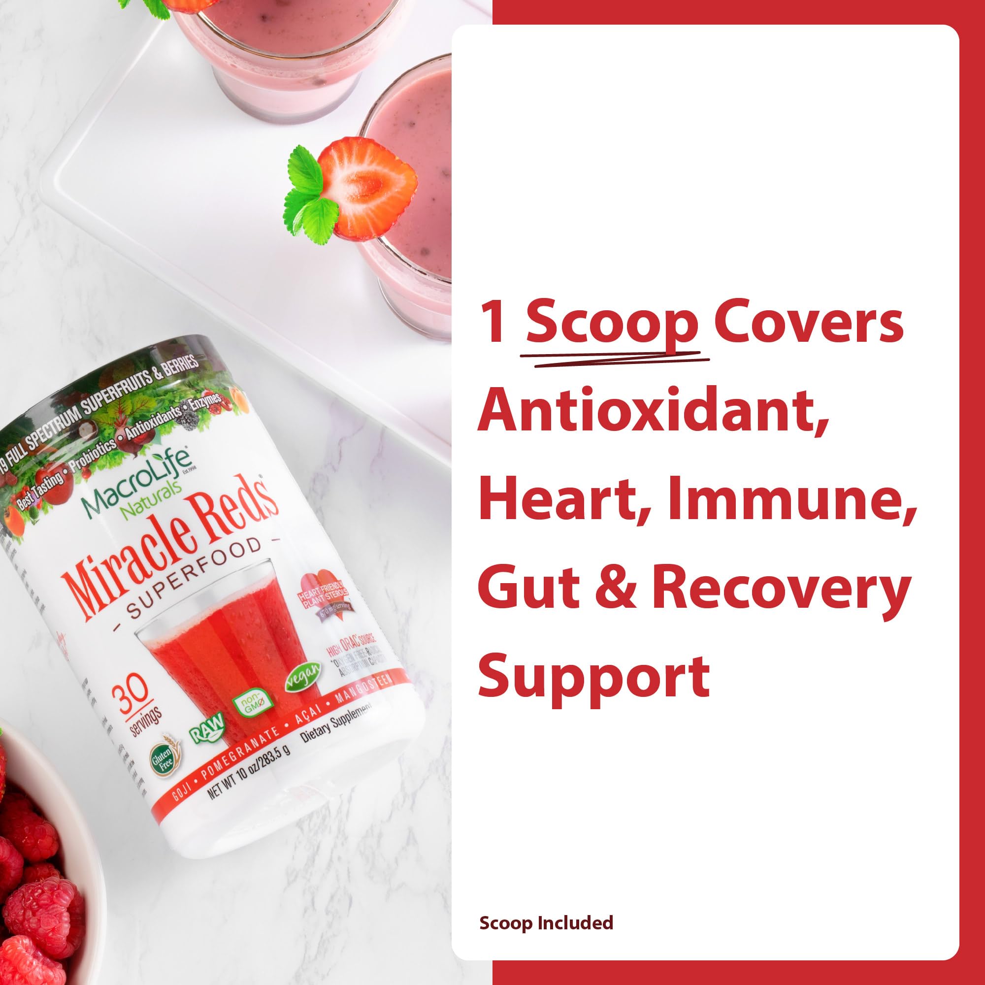 MacroLife Miracle Reds ingredients closeup showing beet and berry blend for natural color