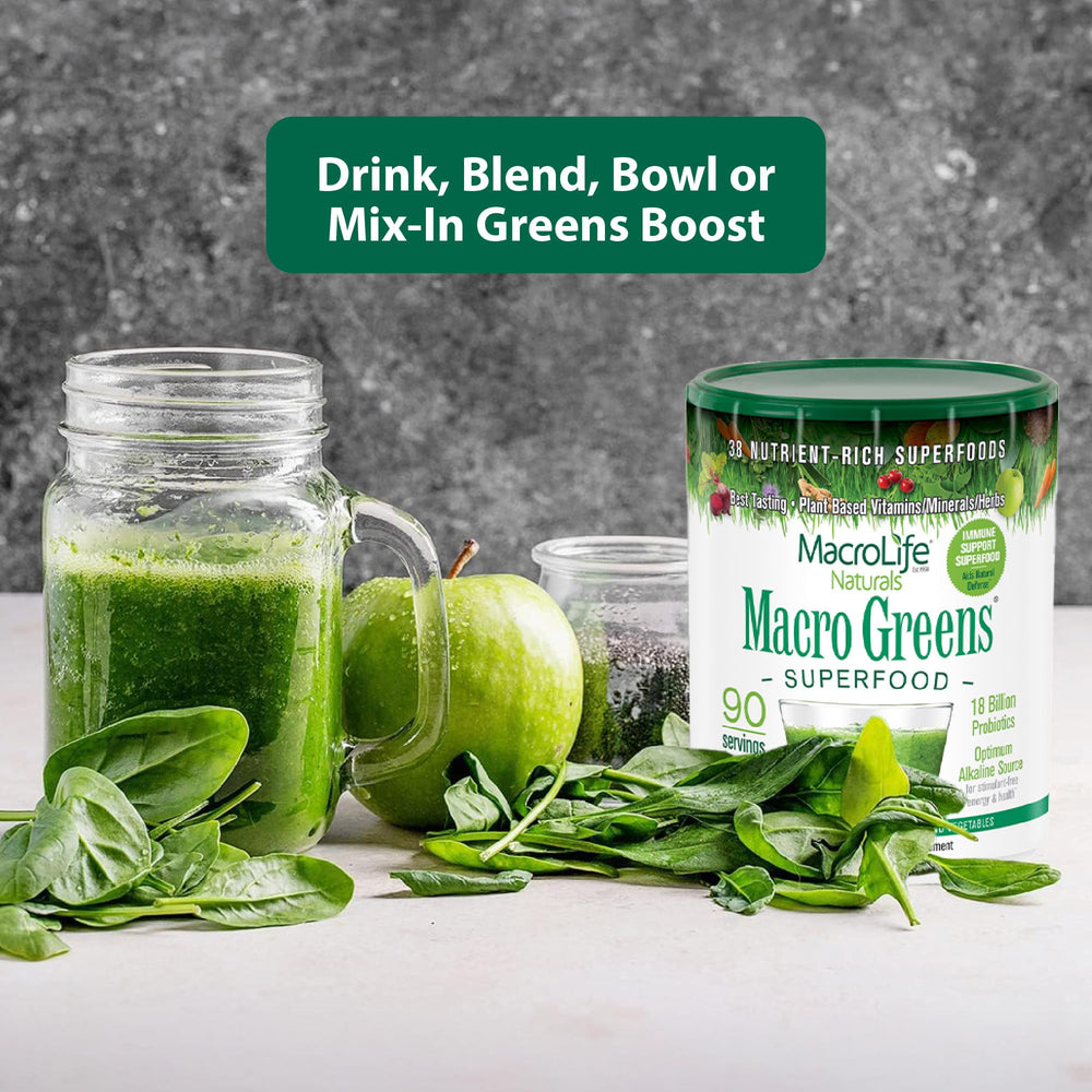 MacroLife Macro Greens powder in a morning smoothie setup for daily routine.