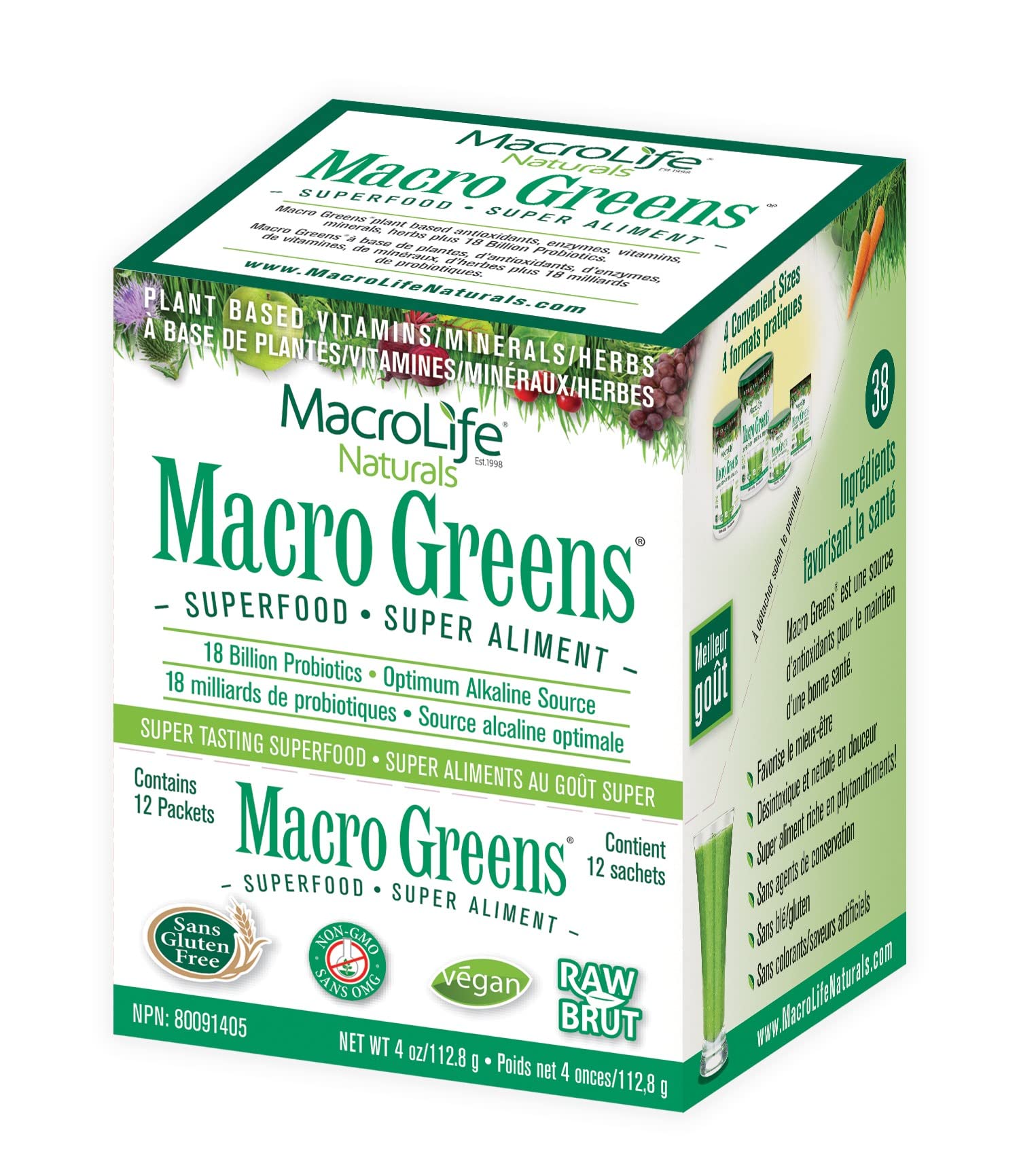 MacroLife Macro Greens bottle front for convenient daily greens on busy mornings.