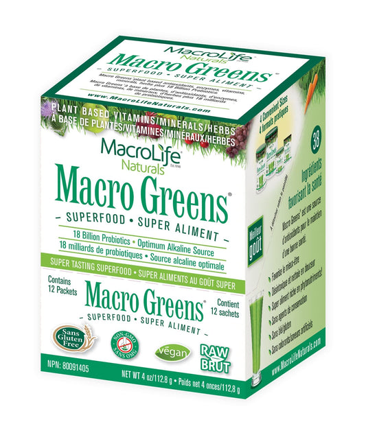 MacroLife Macro Greens bottle front for convenient daily greens on busy mornings.