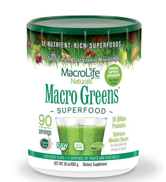 MacroLife Macro Greens powder scoop resting on tub for quick measurement.