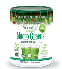 MacroLife Macro Greens powder scoop resting on tub for quick measurement.