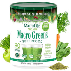 MacroLife Macro Greens powder tub front view for easy daily greens boost.