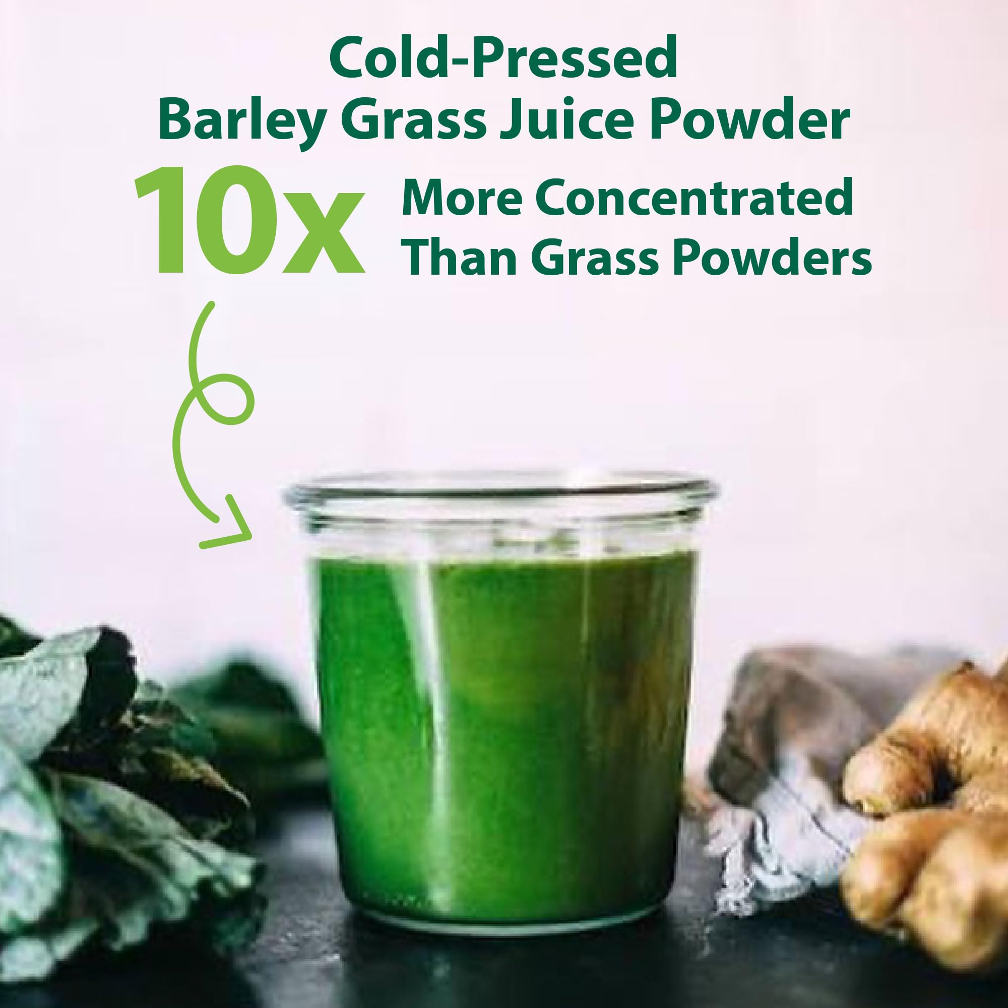 MacroLife Macro Greens powder with fresh greens backdrop for lifestyle appeal.