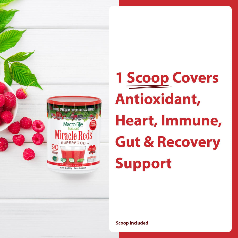 MacroLife Naturals Miracle Reds scoop demonstrates easy measurement for fast mixing