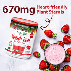 MacroLife Naturals Miracle Reds smoothie glass displays vibrant red drink