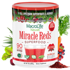 MacroLife Naturals Miracle Reds tub front view highlighting vibrant berry blend for daily antioxidant support