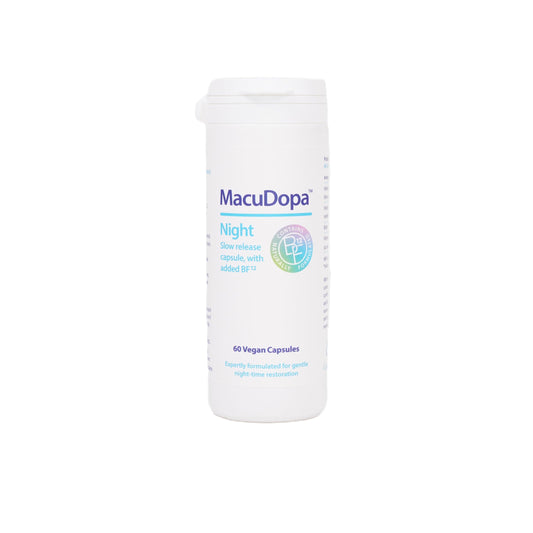 MacuDopa Night capsules bottle on a nightstand for a smoother nightly routine.