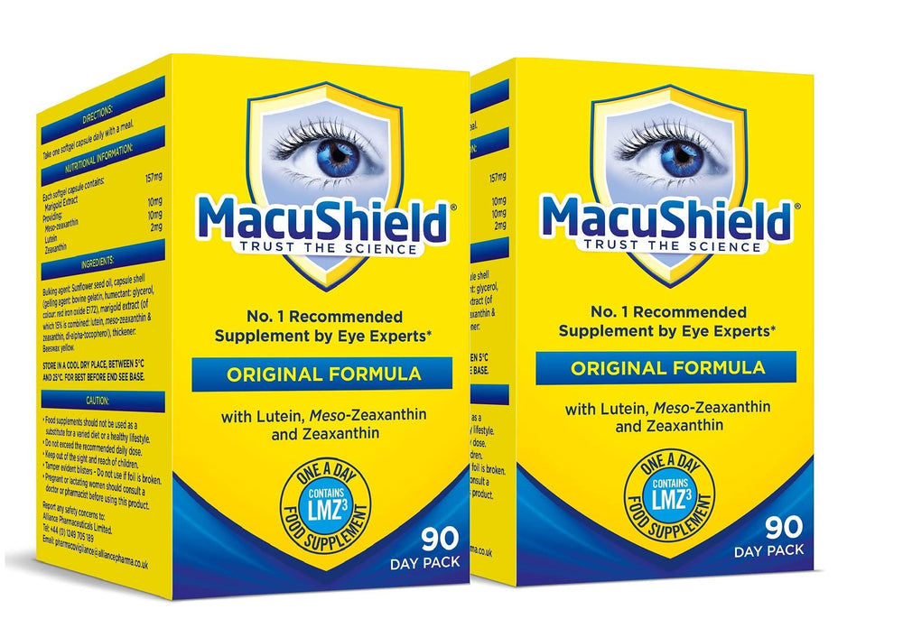 MacuShield capsules close-up with label glow emphasizing premium quality