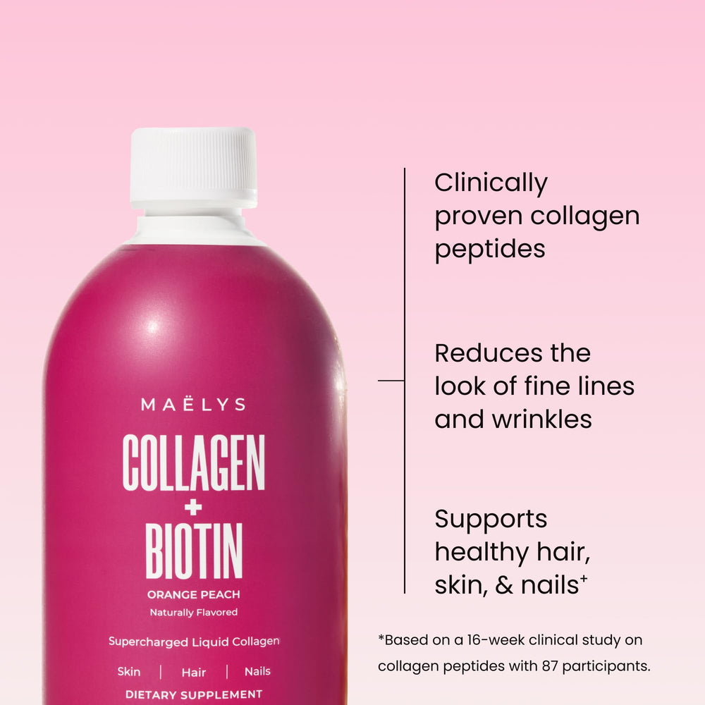 MAËLYS Collagen liquid pour glass showing easy to sip format.