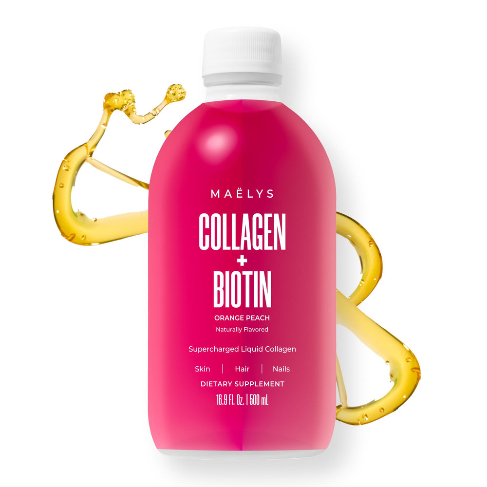 MAËLYS Collagen orange peach bottle with inviting flavor for daily routine.