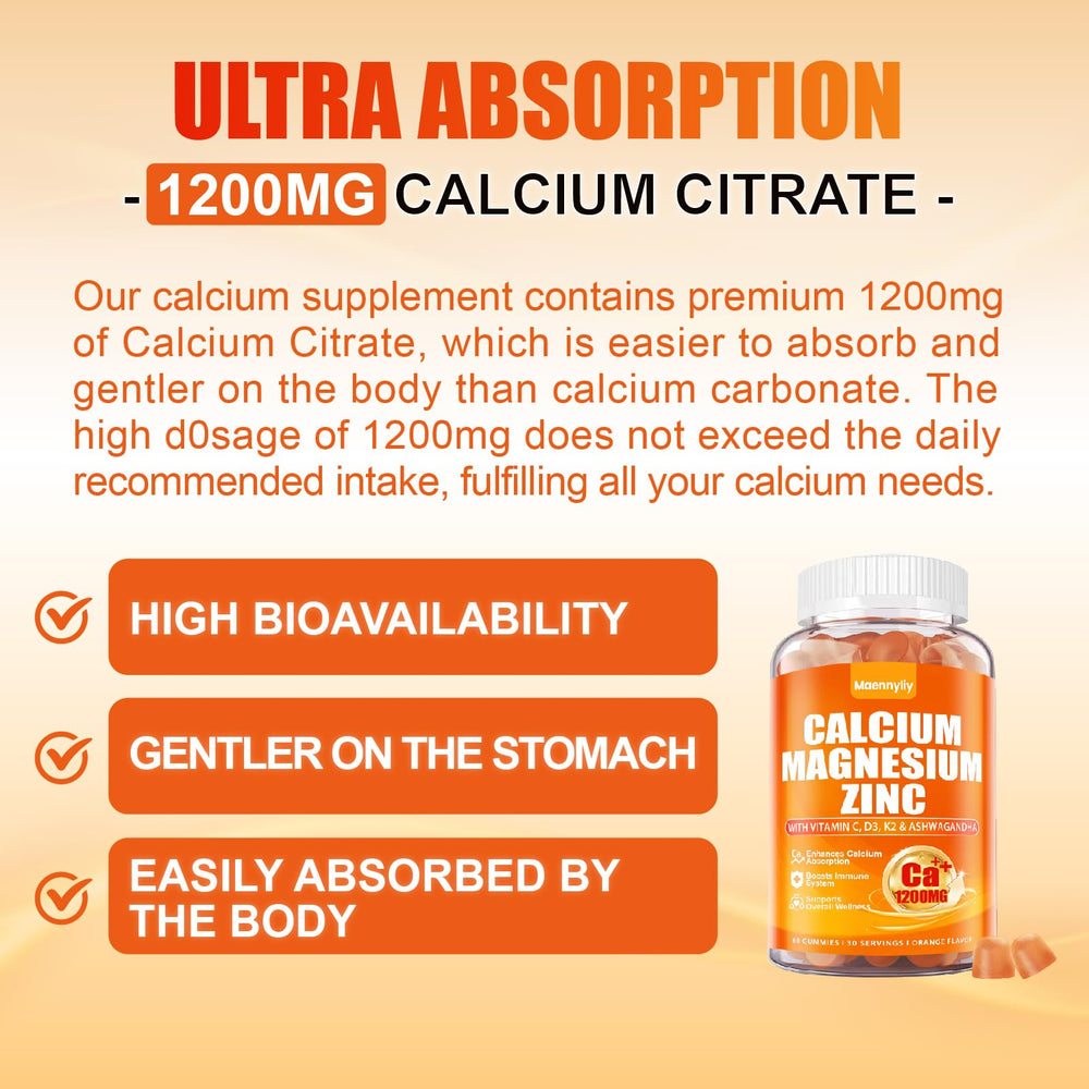 Maennyliy Calcium 1200 mg gummies orange-flavor bottle to make supplement routines enjoyable.