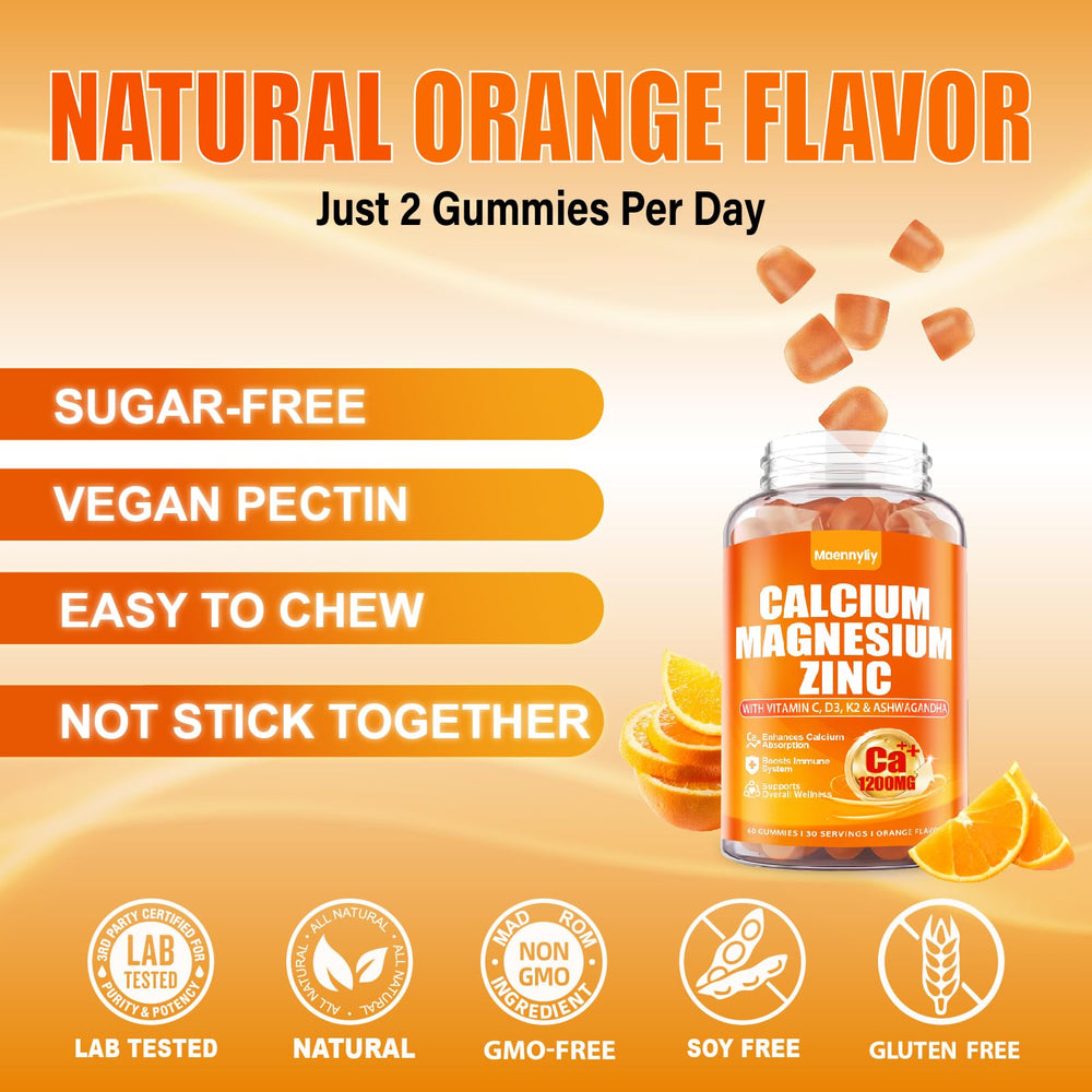 Maennyliy calcium gummies close-up texture emphasizes chewable, sugar-free orange taste.