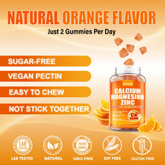 Maennyliy calcium gummies close-up texture emphasizes chewable, sugar-free orange taste.