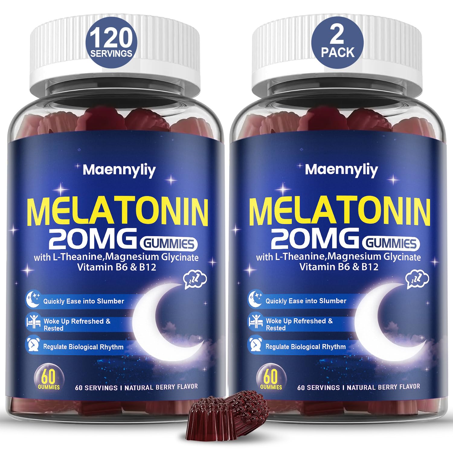 Maennyliy Melatonin Gummies bottle with 20 mg per gummy supports a calmer bedtime routine.
