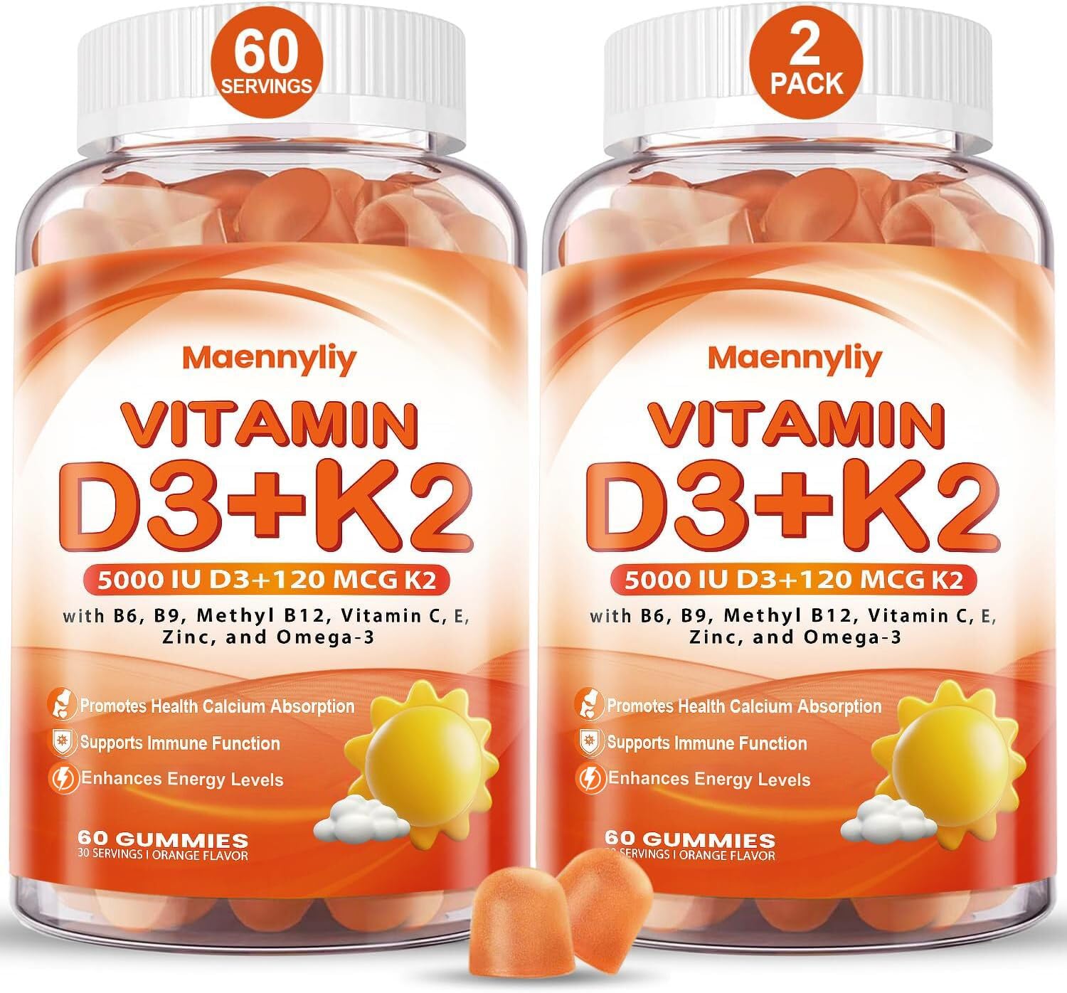 Maennyliy Vitamin D3 K2 Gummies in an orange bottle may support daily calcium absorption