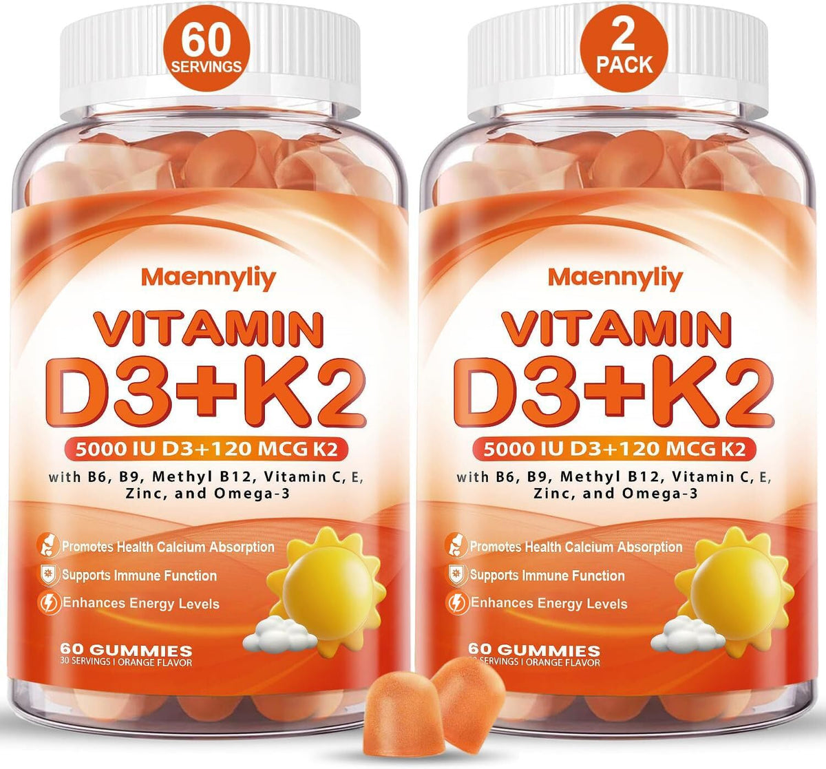 Maennyliy Vitamin D3 K2 Gummies in an orange bottle may support daily calcium absorption