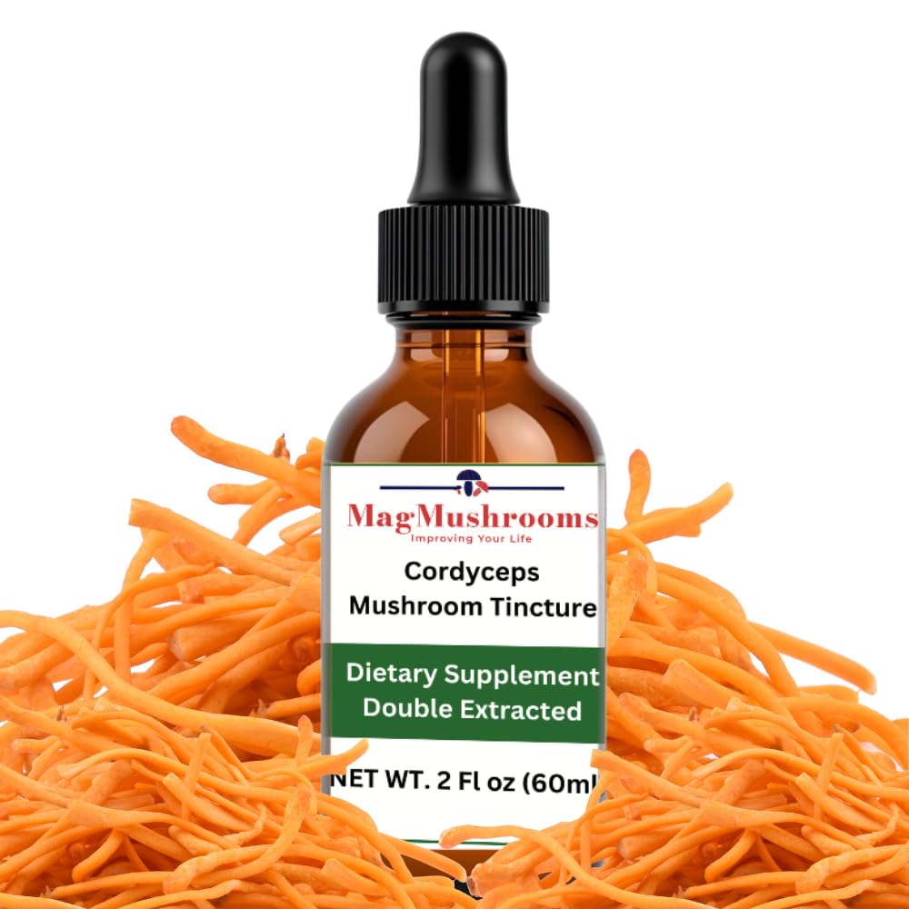 Mag Mushrooms cordyceps tincture bottle showing bottle and label for daily focus