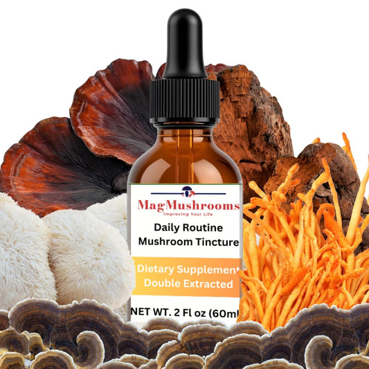 Mag Mushrooms Daily Routine Tincture bottle with clear label for potency