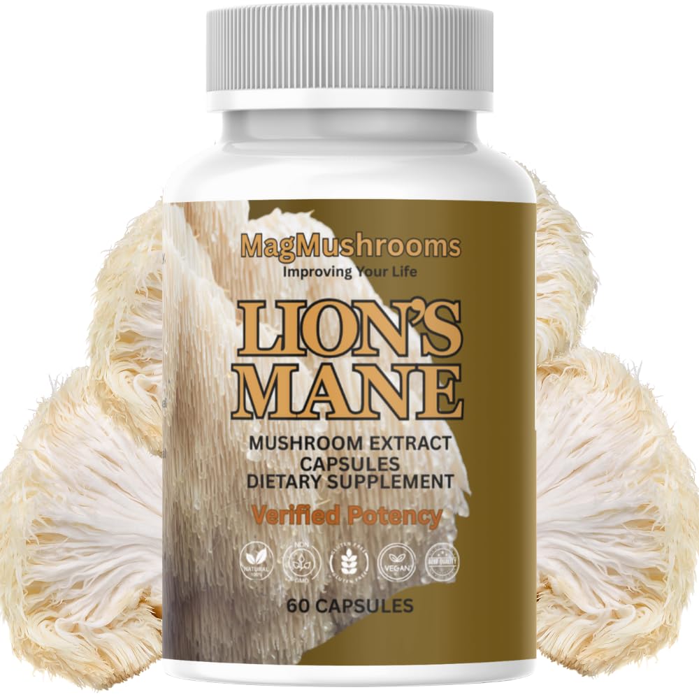 Mag Mushrooms Lion’s Mane capsules bottle promotes mental clarity and focus.