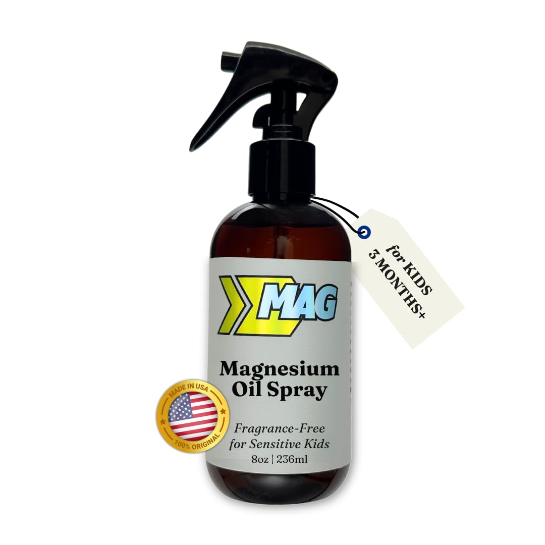 MAG Recovery magnesium spray kids bottle demonstrates fragrance-free relief for growing pains.