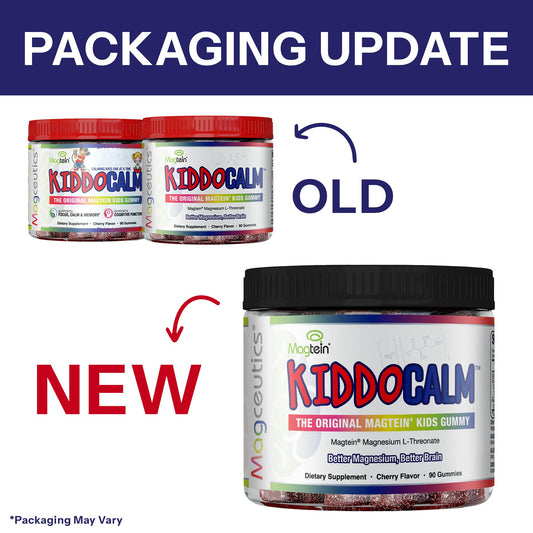 Closeup of KiddoCalm gummies highlighting Magtein magnesium for focus.