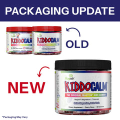 Closeup of KiddoCalm gummies highlighting Magtein magnesium for focus.