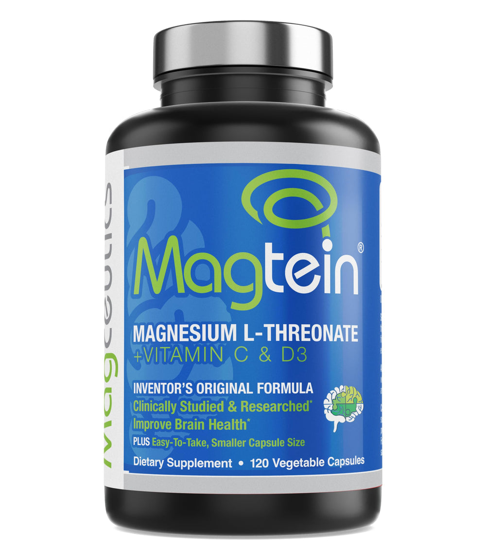 Magceutics Magtein bottle close-up highlighting the brain support formula.