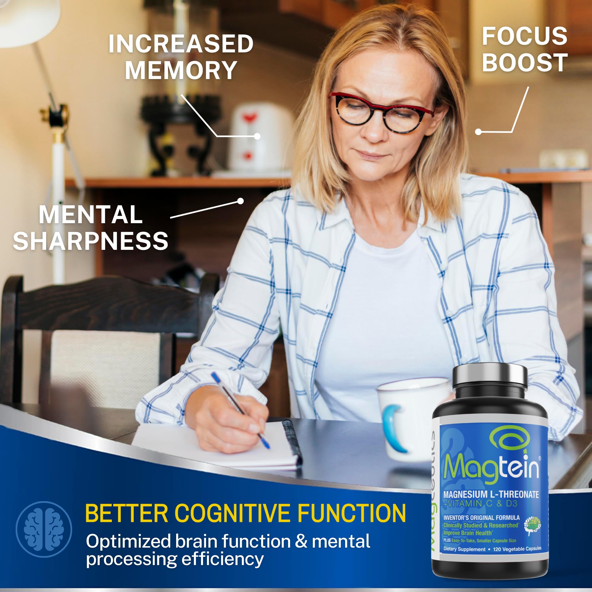 Magceutics Magtein capsules in hand for daily cognitive support.