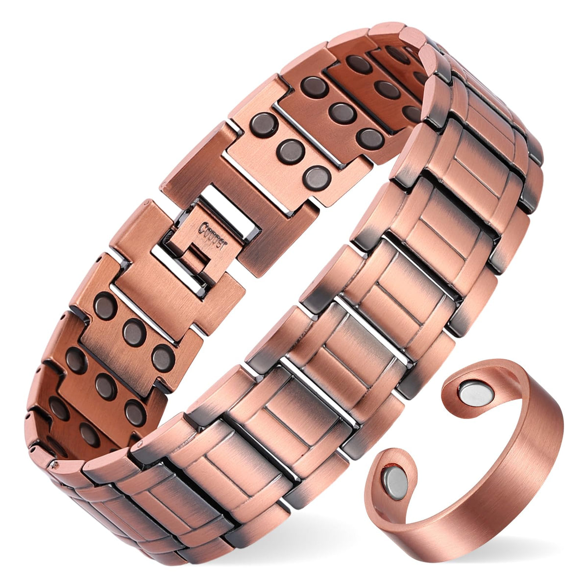 MagEnergy copper bracelet close-up shows premium craftsmanship and hypoallergenic design for daily wear.