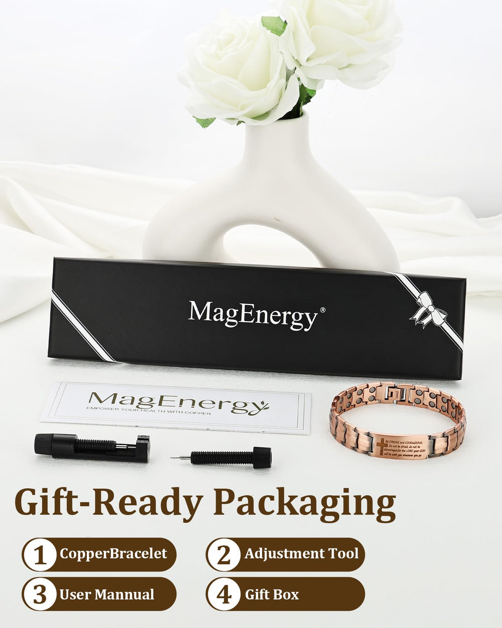MagEnergy copper bracelet worn on the wrist for daily wear
