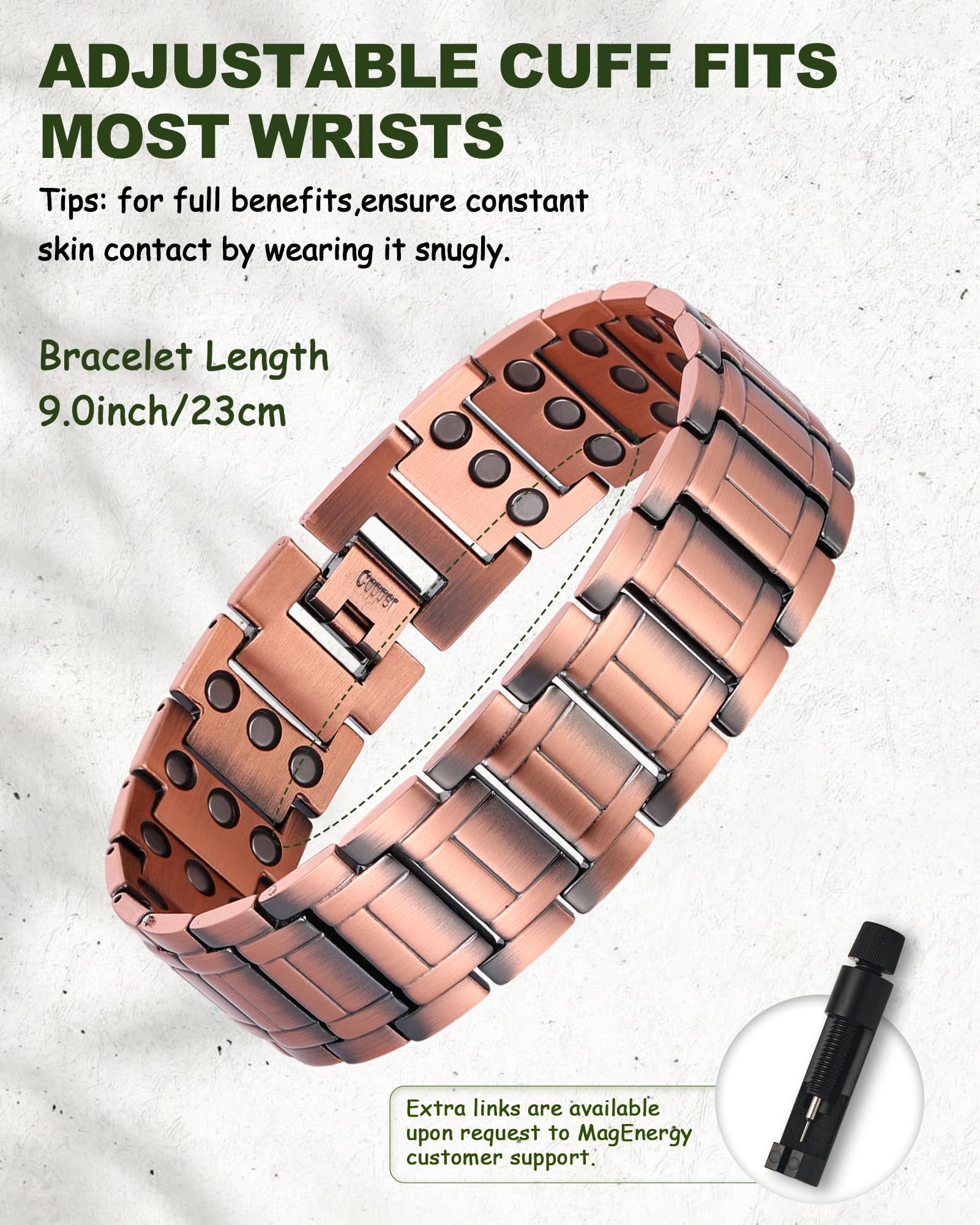 MagEnergy copper bracelet worn on wrist demonstrates comfortable, masculine style.