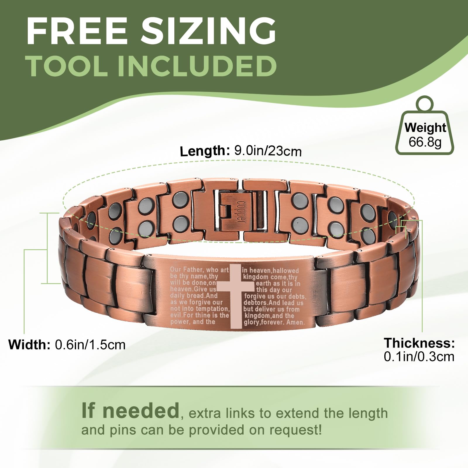 MagEnergy Lord's Prayer engraving detail adds timeless symbolism to the bracelet.