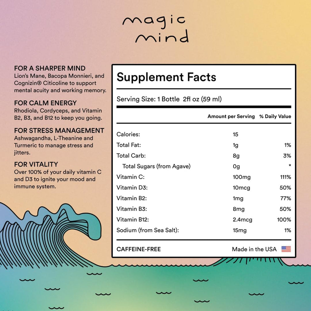 Magic Mind energy shot bottle pour close-up suggests smooth consumption without jitters.