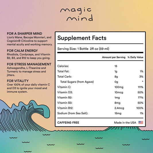 Magic Mind energy shot bottle pour close-up suggests smooth consumption without jitters.