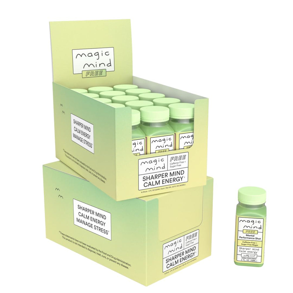 Magic Mind energy shot front label emphasizes calm, focused energy for daily tasks.