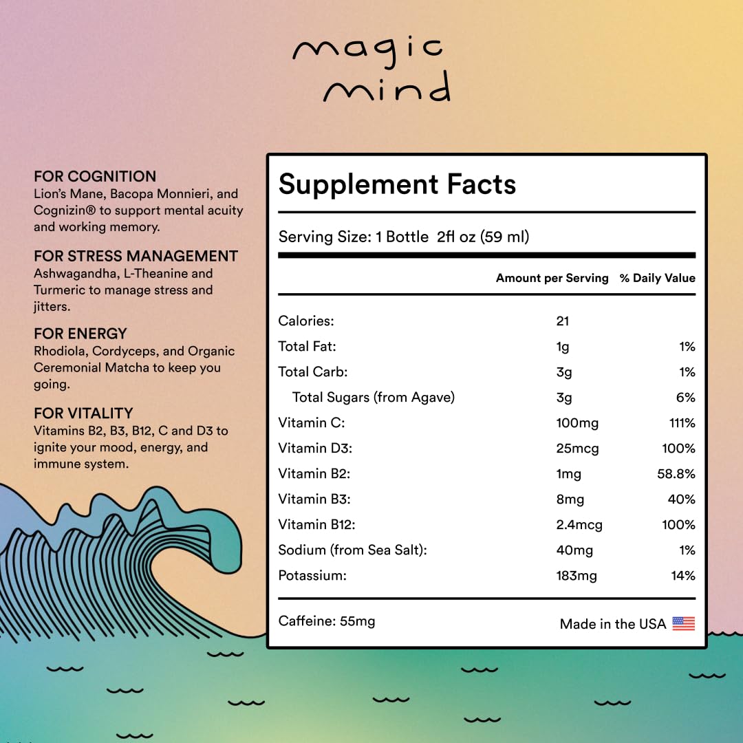 Magic Mind Energy Shot label close-up highlights key ingredients for clarity and focus.